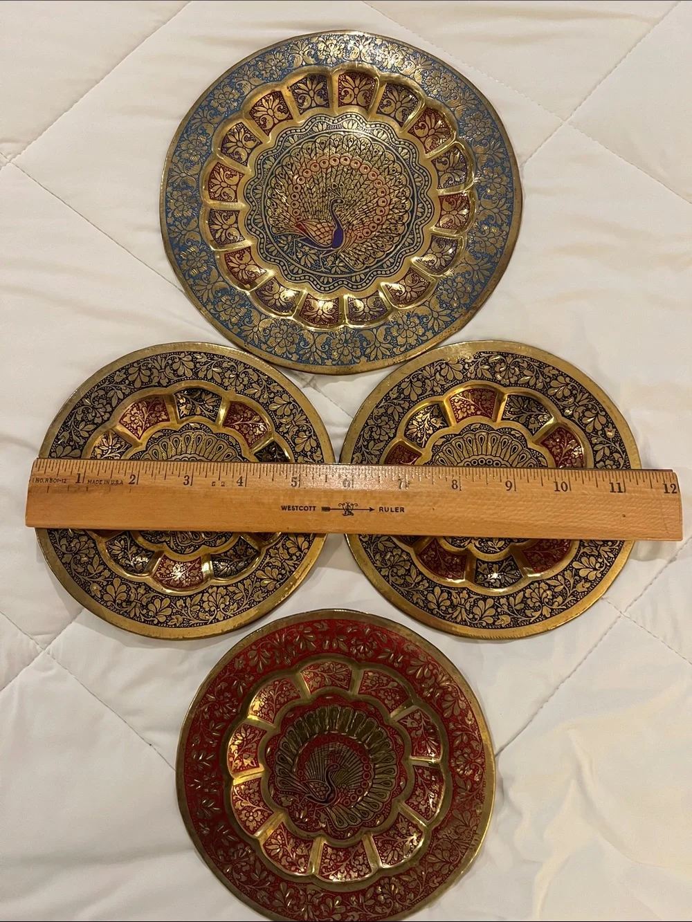 4 Decorative Peacock Brass Wall Plates. Gold w Purple, Blue, Black & Red Accents